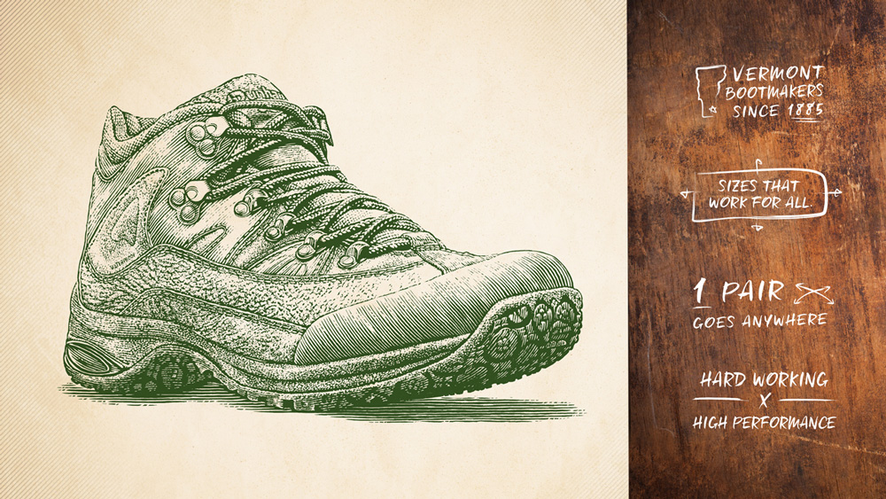 Drawing of Dunham shoe. Text in image reads the following:
Vermont bootmakers since 1885. Sizes that work for all. 1 pair goes anywhere. Hard-working and High Performance.