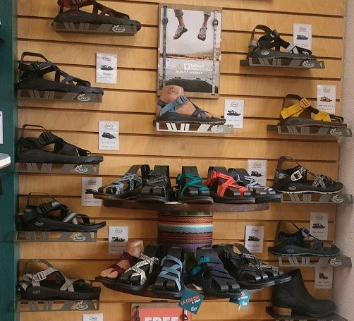 In-store display of various Chaco shoes